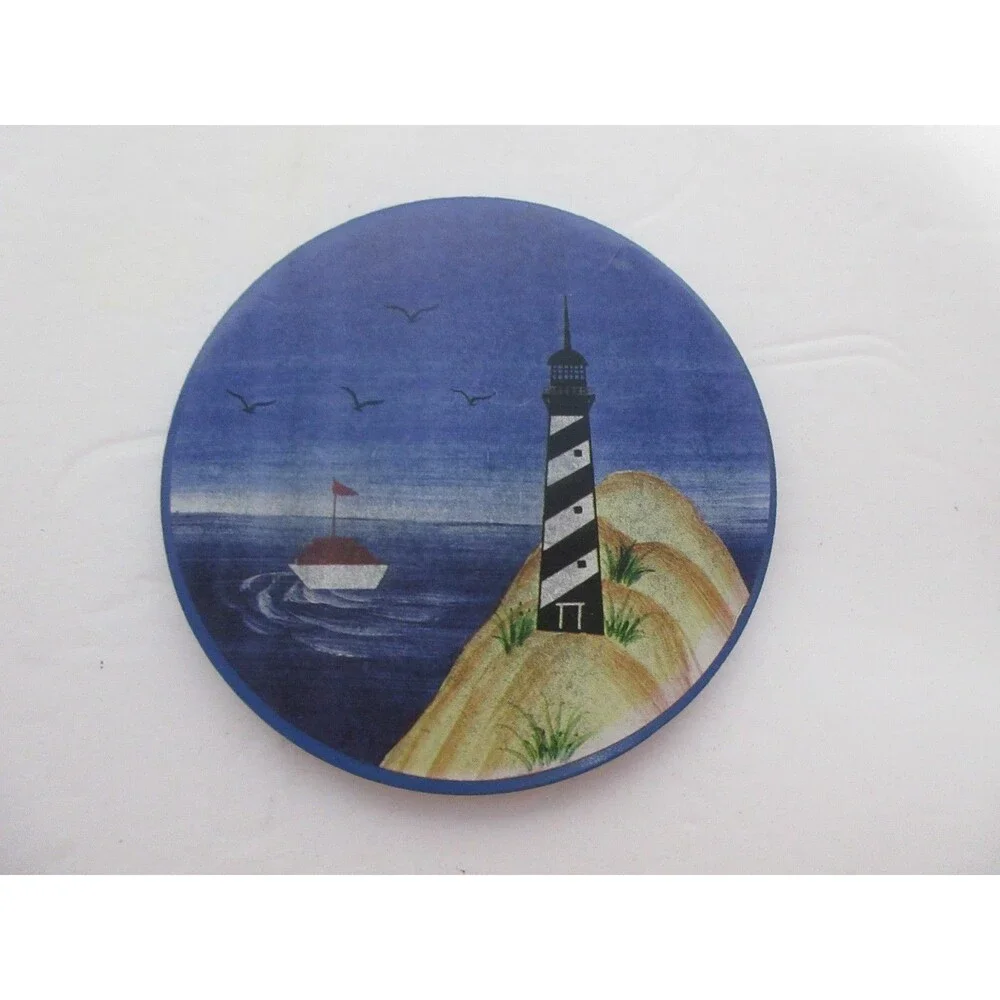 Set of 4 Lighthouse Theme Coasters in Ceramic Holder Beach House Ocean